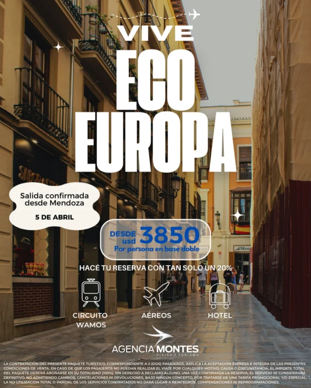 🌍✨ Vive Eco Europa Salida confirmada desde Mendoza 📍✈️ (5 de Abril) Desde USD 3850 por persona en base doble. Reservá con solo 20% 🔥 📲 Para más información y reservas, comunicate a nuestro WhatsApp al número de contacto.